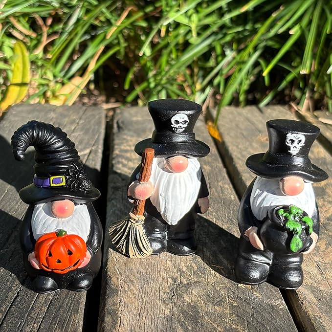 Dark Wizard Gnomes Set of 3 - Gothic Mini Figurines for Halloween, Christmas & Magic Party Decor, Shelf Sitters and Tiered Tray