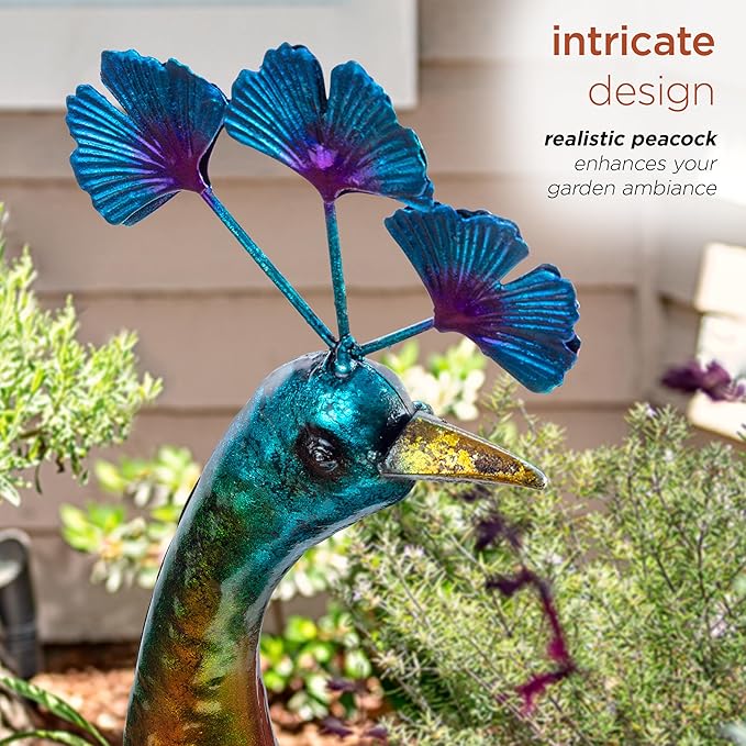 Alpine Corporation JUM207 Indoor Outdoor Metallic Peacock Standing Yard Statue Decoration, 37" Tall, Multicolor