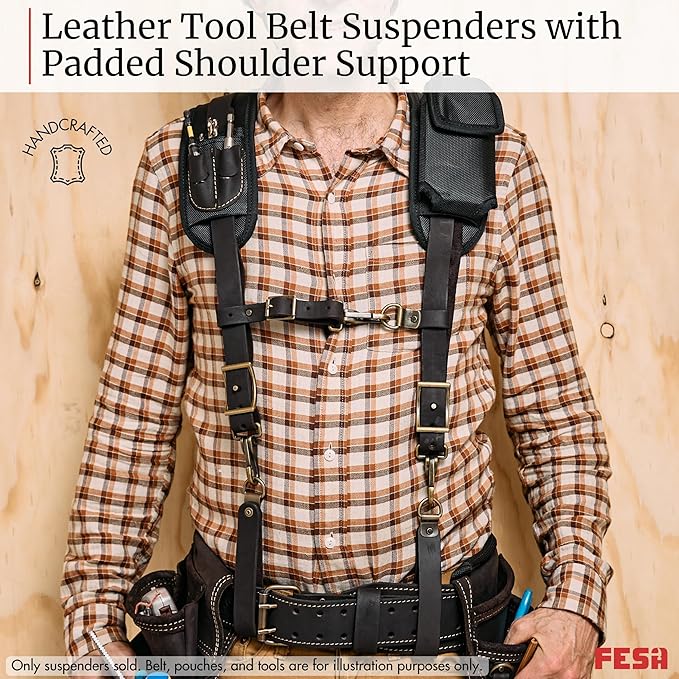 FESA Leather Tool Belt Suspenders for Men with Breathable Mesh Padding, Front Pockets & 4 Loops for Attachment to Work Belts