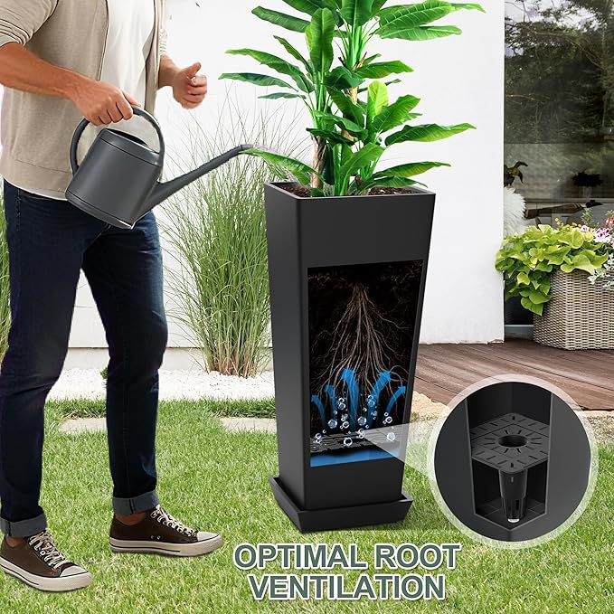 24" Set of 2 Tall Planters, Large Outdoor Flower Pots with Drainage Tray Modern Indoor Tapered Planter for Patio, Garden, Front Porch, Backyard (Black)