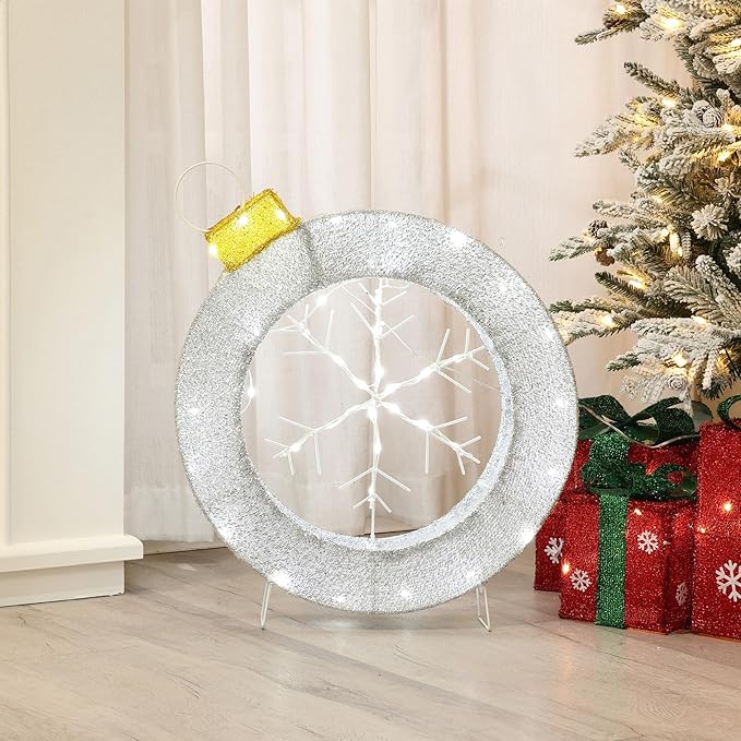 LuxenHome 2Ft Lighted Christmas Wreath, Christmas Outdoor Decorations, Large Wreath with LED Lights, Snowflake Ornament Wreath for Indoor, Lawn, Yard, Garden, Holiday Decor