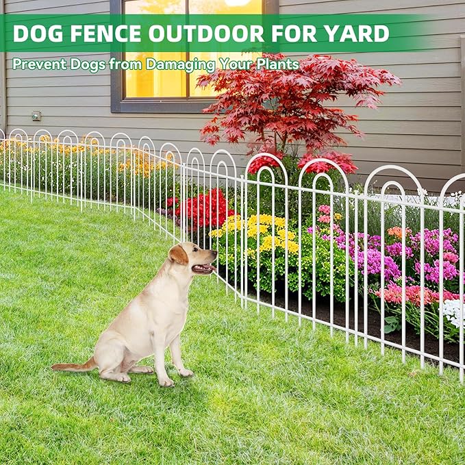 25 Panels Decorative Garden Fence, 24 in(H) X 50 ft(L) No Dig Dog Fence Outdoor for Yard, Rustproof Metal Garden Fencing Animal Barrier with Ground Stakes, Temporary Fencing for Patio Outdoor, White