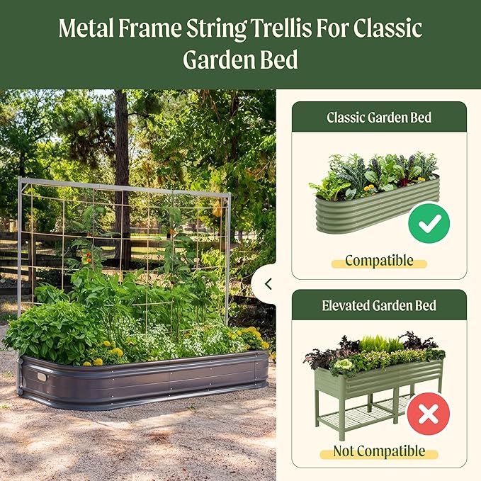Vego Garden Metal Frame Tomato Trellis, Garden Trellis for Climbing Plants Like Cucumber Beans Tomatoes & Vines, 8.0ft Long Metal Trellis for Raised Garden Beds