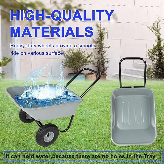 Metal Wheelbarrow, Easy Loading and Dumping Garden Cart with Steel Tray, Durable Heavy Duty Utility Trolley for Transporting, Soil, Sand (Gray, 2 Wheels)