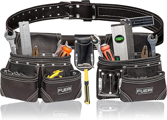 FUERI Leather Tool Belt with Dual Hammer Holster Tool Pouches Heavy Duty For Men Construction Carpenters Electricians Framers Ironworkers Garden Women