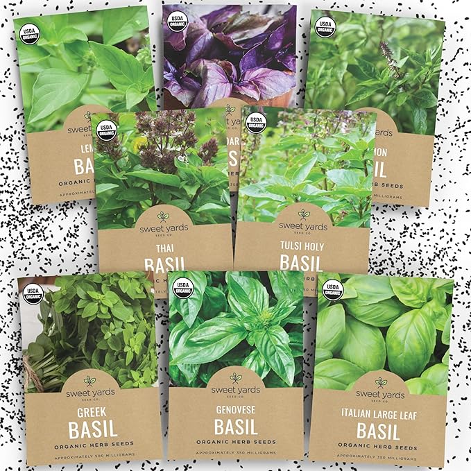 Organic Basil Seeds Variety Pack - 8 Individual Packs - 2025 Season - Genovese, Thai, Lemon, Greek, Cinnamon and More! for Indoor & Outdoor Planting (Non-GMO, Certified Organic)