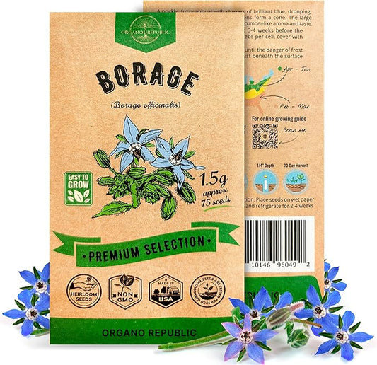 Borage Seeds Pack 1.50 G - Over 75 Non-GMO Heirloom Borage Seeds for Planting Herbs in Individual Seed Packet, Herbs Seeds for Planting Home Garden Indoor & Outdoor Gardening