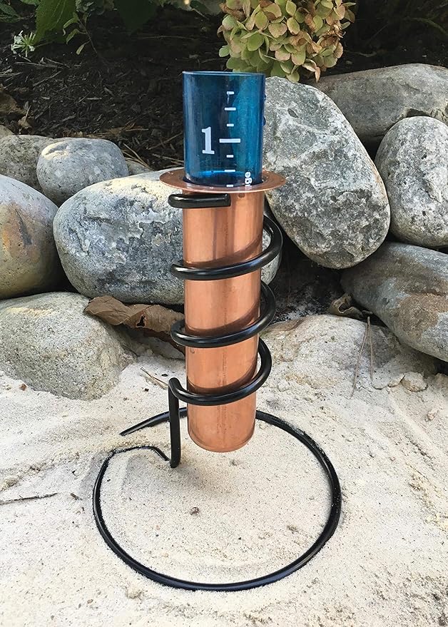 WCRG Copper Rain Gauge for Yard, Freestanding Steel Base - Outdoor Sprinkler Gauges, Shatterproof, Winter-Safe, Accurate, Decorative - The Original Floating Rain Gauge, USA Assembled & Designed