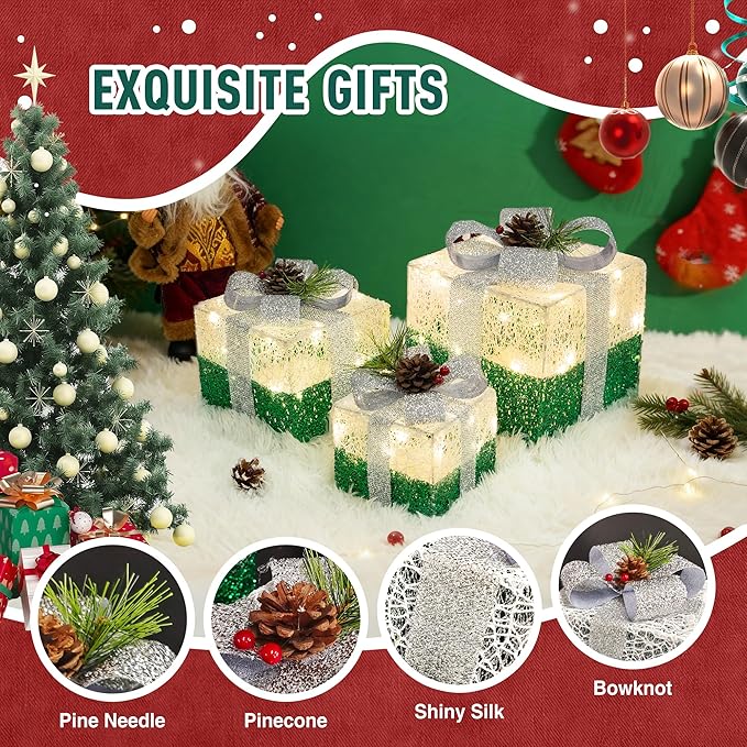 Set of 3 Christmas Lighted Gift Boxes,Outdoor Indoor Christmas Decorations,Plug-in 65 LED Light Up Present Boxes for Christmas Trees Indoor Outdoor Home Yard Lawn Holiday Birthday Party Decor