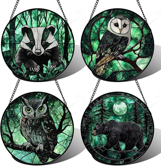 Stained Glass Window Hanging 4 Pcs Set Green Forest Night Sky Wildlife 9.8" - Suncatcher Door Garden Sun Catcher Decor Birthday for Mom Woman Nana Men Friend