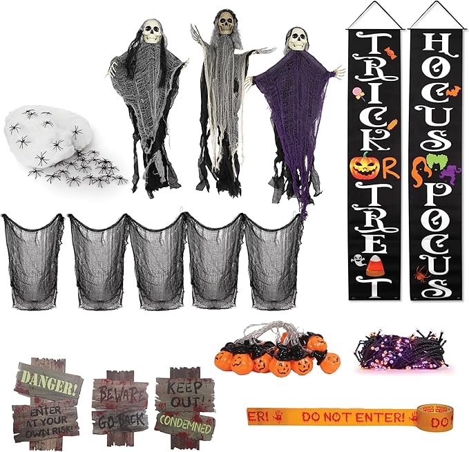50 Piece Halloween Decorations Outdoor Set, All Included Decor Kit, Hanging Skeleton Ghost, Purple & Orange String Lights, Spider Webs, Creepy Cloth, Caution Tape, Pumpkin Lights, Yard & Door Signs