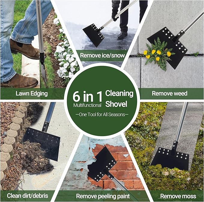 Garden Flat Shovel 65in Floor Scraper Long Handle Heavy Duty Weed Scraper with 11in Spring Steel Blade Multifunctional Cleaning Shovel for Ice, Snow, Weed, Dirty, Moss, Driveway, Lawn Edging