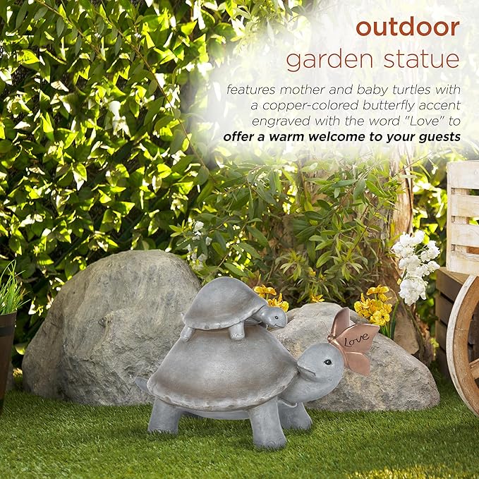 Alpine Corporation ZEN906 Mother and Baby Turtles with Love Butterfly Indoor Outdoor Decorative Garden Statue, 14" Long, Gray