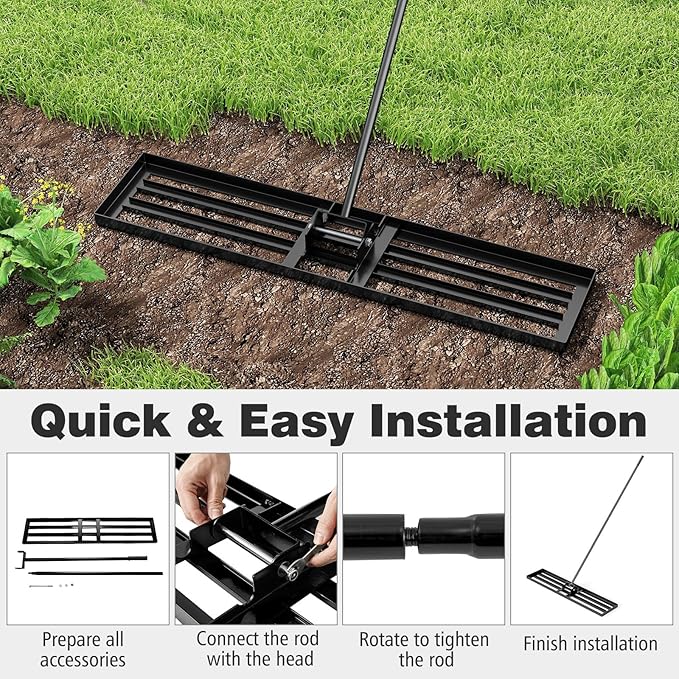46" x 10" Lawn Leveling Rake, Heavy Duty Landscape Rake with 67" Handle, Non-Slip Grip & Flat Head, Space-Saving Lawn Level Tool for Garden, Backyard, Golf Course & Sports Field(Black)