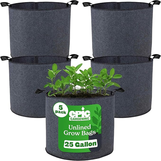 Epic Gardening Grow Bags with Handles (Unlined) - Heavy Duty Fabric Pots for Vegetables, Herbs & Flowers - Breathable Cloth Planters for Indoor & Outdoor Gardening, Moisture Retaining (5, 25 Gallon)