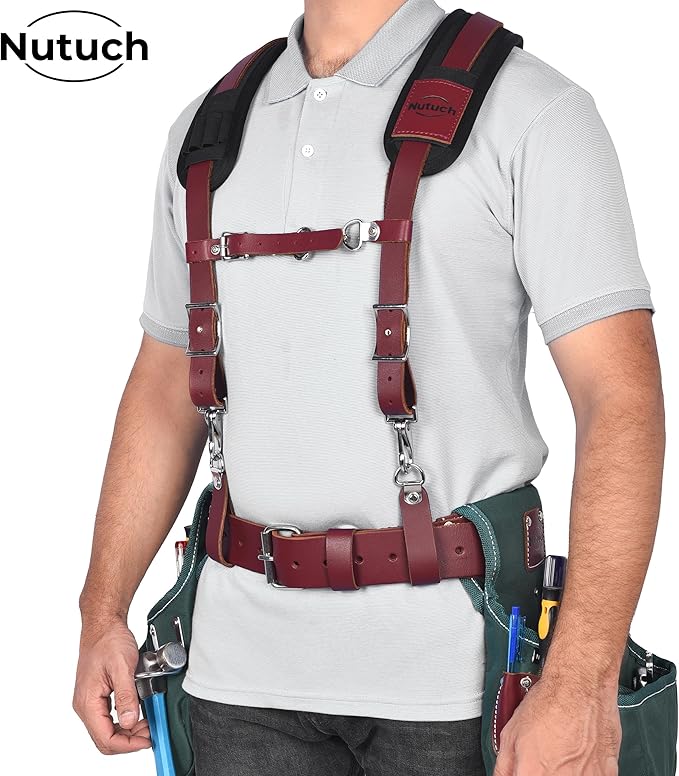 Heavy Duty Leather Work Suspender With Pockets | Fully-Adjustable Padded Leather Tool Belt Suspenders for Men | Construction | Framers | Handyman | Electrician