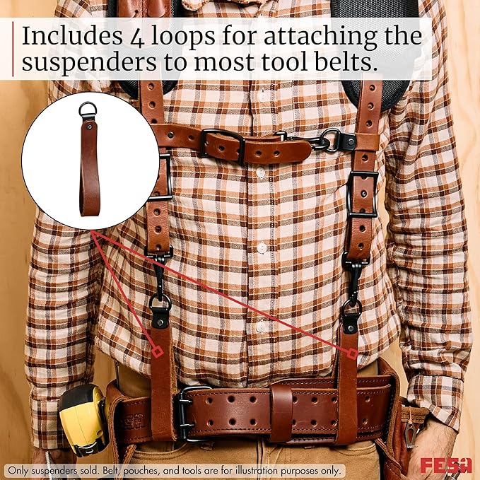 FESA Leather Tool Belt Suspenders for Men with Breathable Mesh Padding, Front Pockets & 4 Loops for Attachment to Work Belts