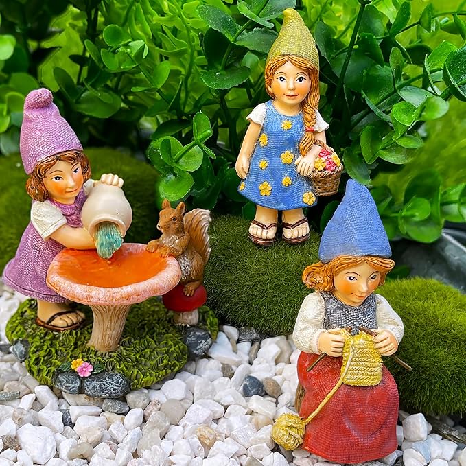Mood Lab Miniature Garden Gnomes - Lady Gnomes Kit of 3 pcs - Figurines & Accessories Set - Outdoor or House Decor