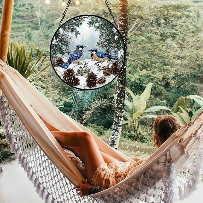 Stained Glass Window Hanging - Blue Bird Winter Forest Landscape Suncatcher for Door Garden Yard Sun Catchers Decor Christmas Mother's Day Birthday Gifts for Women Mom Nana Friend 11.8 in
