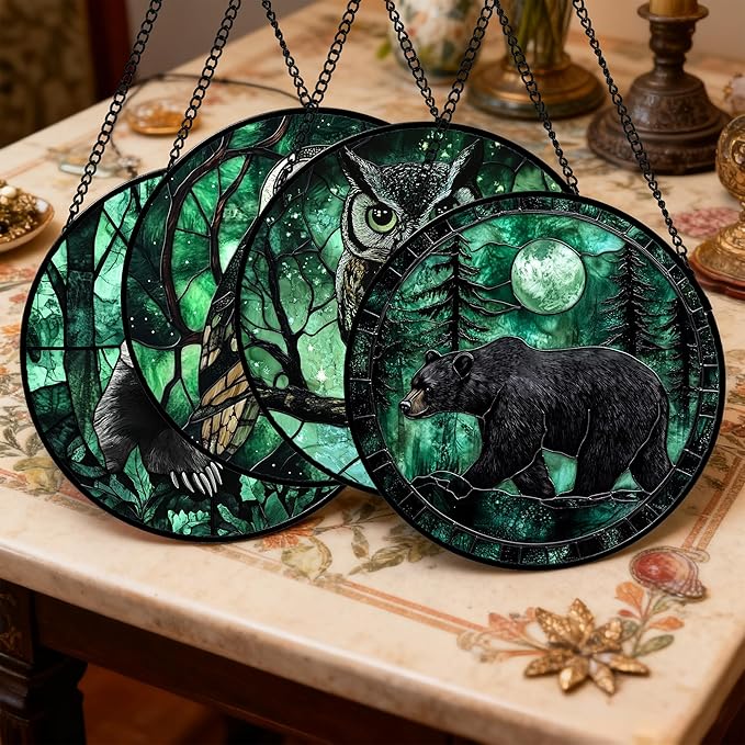 Stained Glass Window Hanging 4 Pcs Set Green Forest Night Sky Wildlife Large 11.8" - Suncatcher Door Garden Sun Catcher Decor Birthday for Mom Woman Nana Men Friend
