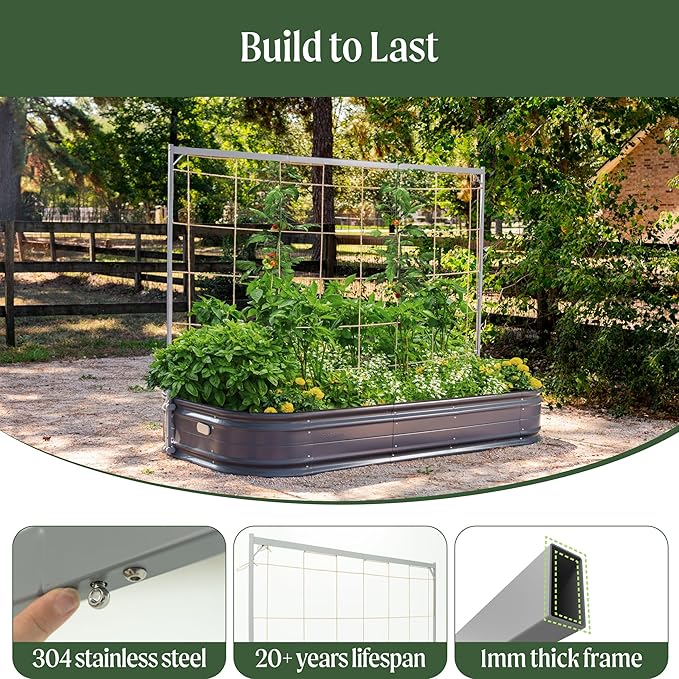 Vego Garden Metal Frame Tomato Trellis, Garden Trellis for Climbing Plants Like Cucumber Beans Tomatoes & Vines, 8.0ft Long Metal Trellis for Raised Garden Beds