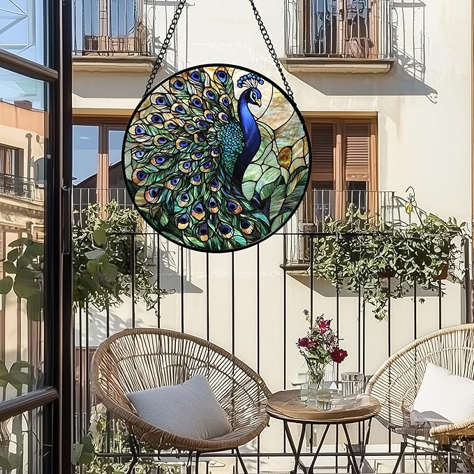 Stained Glass Window Hanging, Turquoise Peacock Sun Catcher for Door Home Decor Blue Green Suncatcher Christmas Mother's Day Birthday Gifts for Women Men Mom and Nana 9.8 in