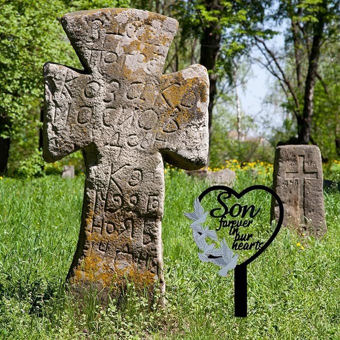 HPMAISON 11 inch Metal Son Memorial Stake Grave Decorations for Cemetery Gravesite Sympathy Markers Waterproof Memorial Gifts for Loss of Son Tombstones Plaque Outdoors Lawn Yard Decor