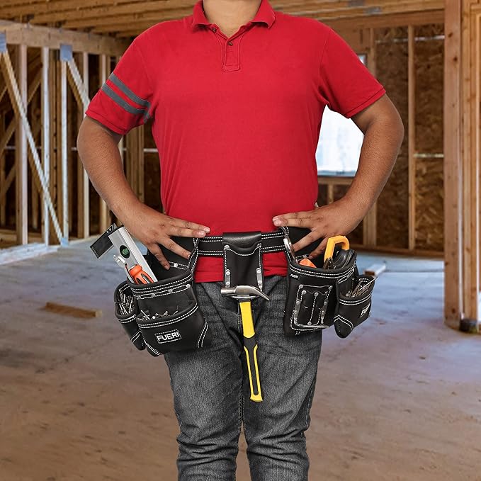 FUERI Leather Tool Belt with Dual Hammer Holster Tool Pouches Heavy Duty For Men Construction Carpenters Electricians Framers Ironworkers Garden Women