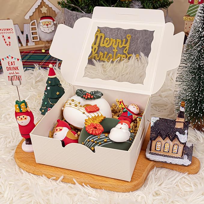 QULIT 50pcs 5x5x2 Inch Cookie Boxes with Window White Bakery Boxes Pastry Boxes for Macaroon Dessert Cupcake Donut Pastry Muffins