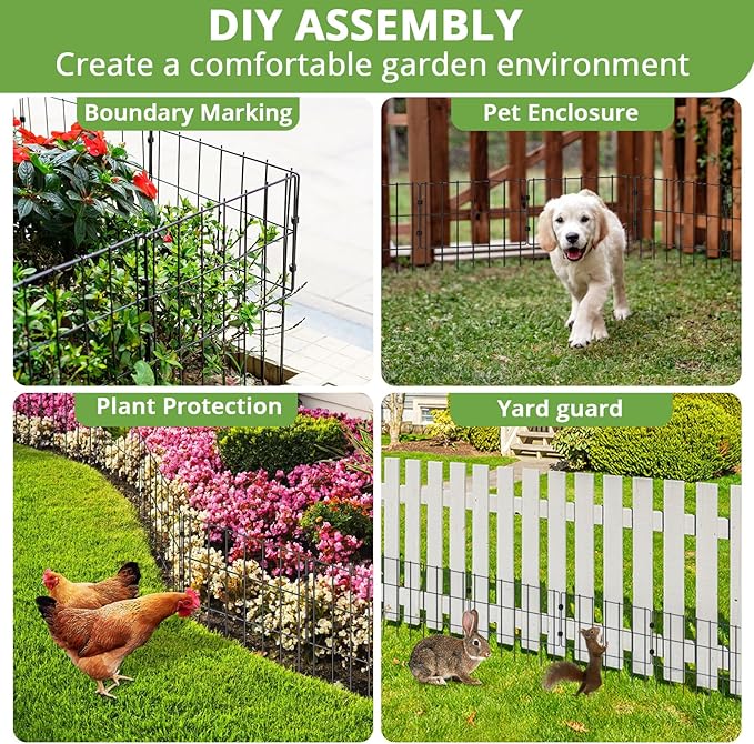 10 PCS Animal Barrier Fence, 17''(H) X 10.8 Ft(L), No Dig Garden Fencing Border for Small Dogs & Rabbits, Rustproof Metal, Decorative Fencing for Outdoor Landscape Yard Patio, 2‘’ Spike Spacing Fence