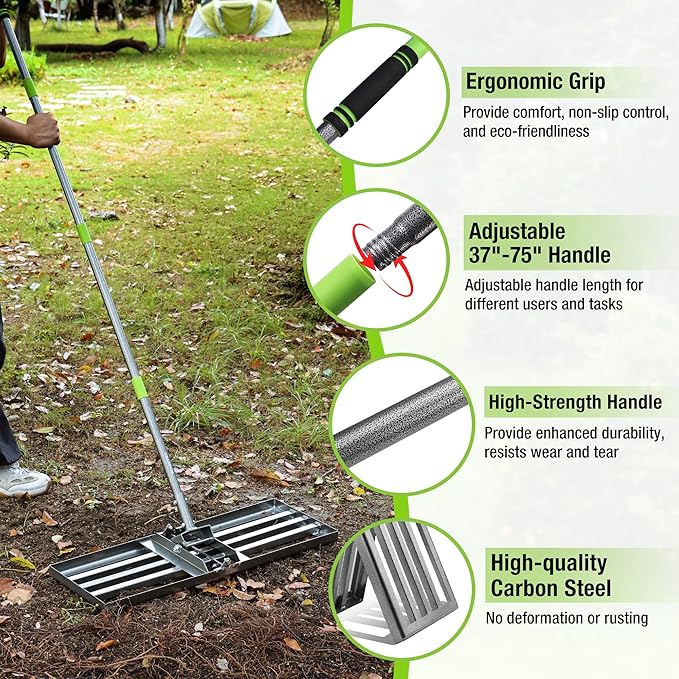 WORKPRO Lawn Leveling Rake, Heavy Duty Leveling Rake with 30” x 10” Ground Plate, Yard Leveling Rakes with 6FT Adjustable Handle, Metal Lawn Leveler for Garden, Backyard, Golf Course, Farm, Pasture