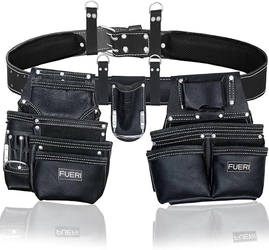 Heavy Duty 19 Pocket Leather Tool Belt Multipurpose Pockets Work Organizer Pouch Framing Fat Lip Tool Holder for Carpenter, Construction, Handyman, and Electrician Tool Belt Set