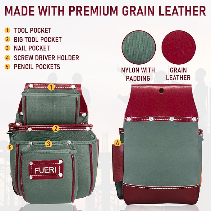 FUERI Tool Belt Heavy Duty Nylon Leather Carpenters Tool Pouches Bags Organizer for Men Construction Electricians Framers Ironworkers Women