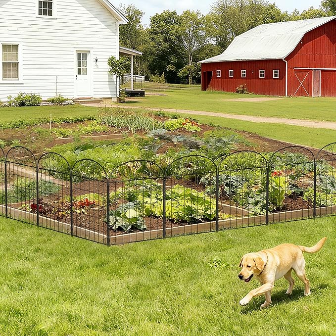 8 Panels Garden Fence Animal Barrier with Gate, 30 in(H) x 16.8 ft(L) No Dig Dog Fence Outdoor for Yard, Decorative Metal Garden Fencing Wire Panel Border for Dogs, Rabbits, Patio, Flower Bed