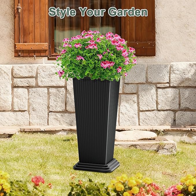 Tall Planters Set of 2, Large Indoor Outdoor Flower Pots with Tray Modern Tapered Planter for Patio, Garden, Porch, Backyard (Black Ribbed)