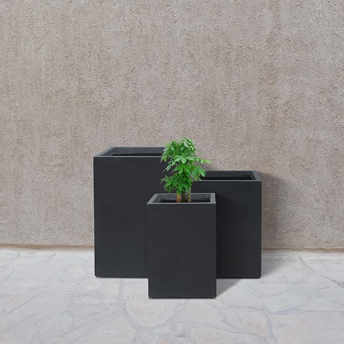Kante 18.5",15.7",12.6" H Tall Rectangular Concrete Planters Set of 3, Outdoor Indoor Lightweight Plant Pots with Drainage Hole and Rubber Plug, Modern Style for Home Garden Patio, Charcoal