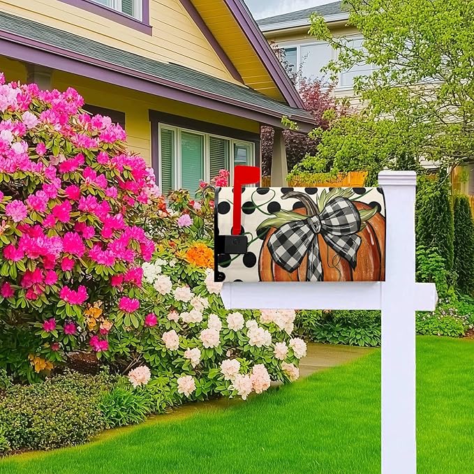 Fall Mailbox Covers Magnetic Pumpkin Mail Box Cover Standard Size 21x18 inch Autumn Polka Dot Mailbox Wrap Bowknot Buffalo Plaid Decorative Mailboxes for Outside Garden Yard