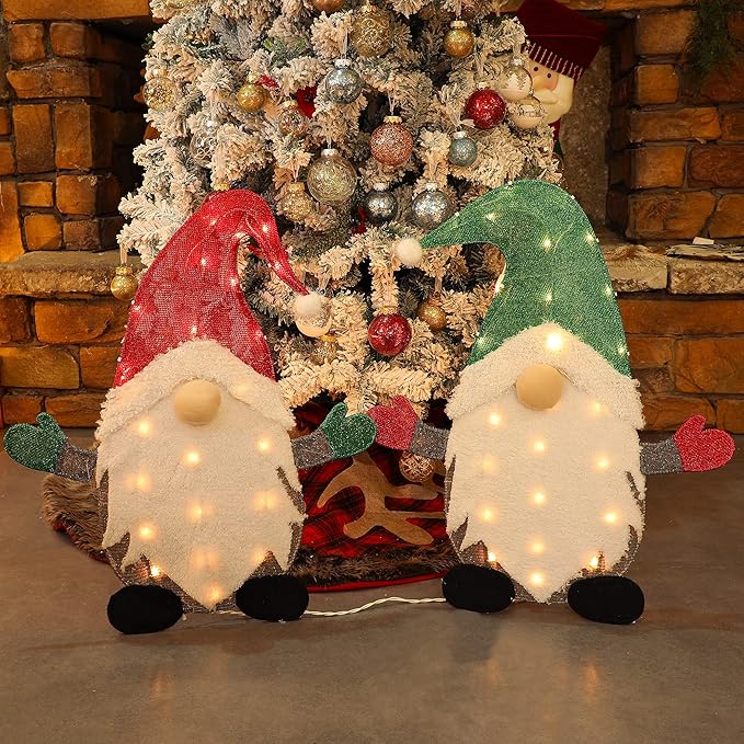 WATERGLIDE Set of 2 Lighted Christmas Tinsel Gnomes Decorations, 24 Inch Pre-Lit Light Up 2D Stacked Gnome with Incandescent Lights, Indoor Outdoor Festive Xmas Holiday Garden Yard Lawn Decor