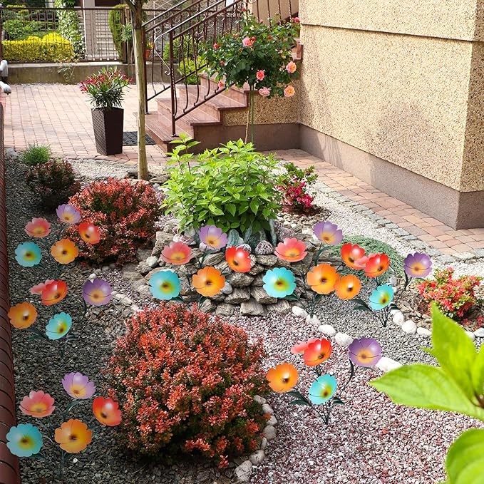 2 Pack Metal Flowers for Outdoor, Decorative Garden Stakes Yard Art, Outdoor Spring Garden Stake Summer Decor Bouquet of Poppy Flower Rustic Handcrafted Items for Lawn Porch Fence(Colorful)