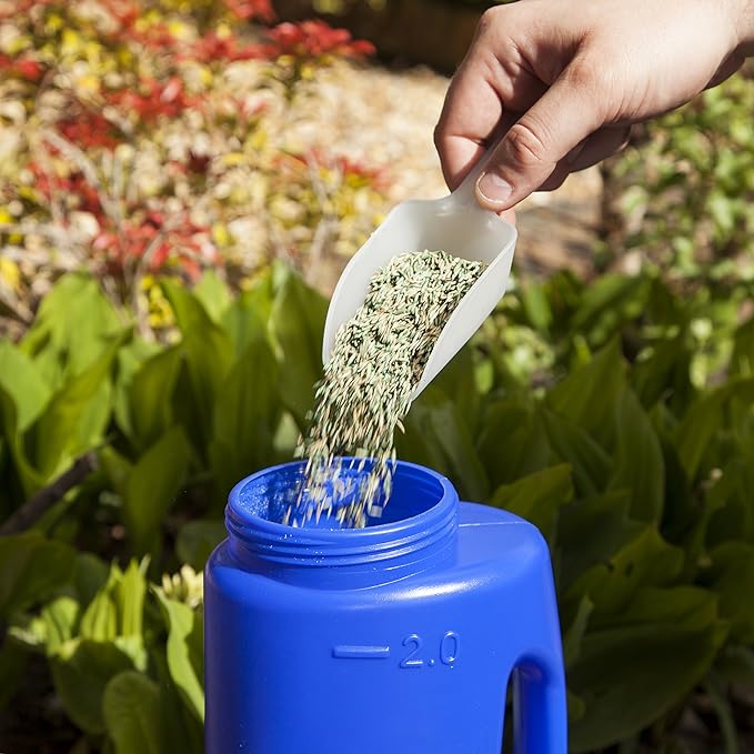 Katai – 2L (70 oz) Hand Held Spreader – Adjustable Hole Size for Seeds, Fertilizer, Salt & Ice Melt – Heavy-Duty Garden Spreader with Scoop – Blue