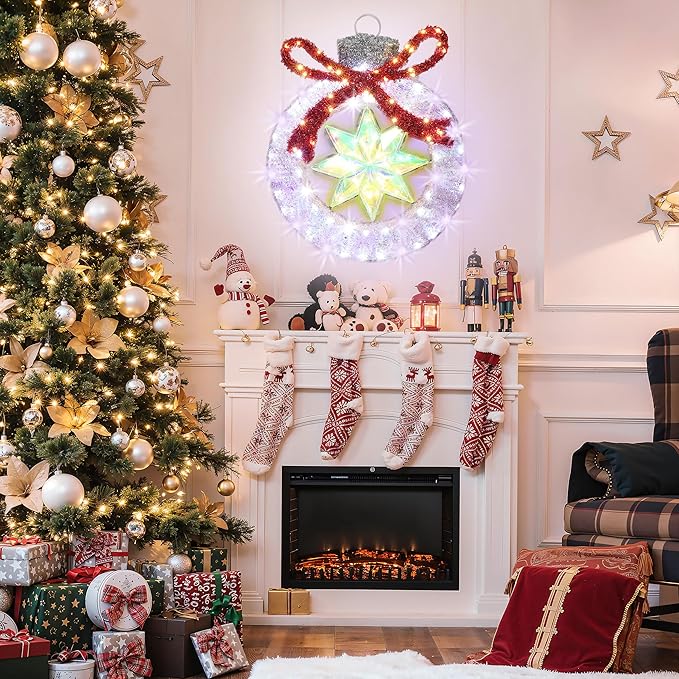LuxenHome 2FT Lighted Ornament Christmas Outdoor Decorations, Large Light Up Christmas Ornament with Red Bow Yard Decorations Outdoor with 120 LED Lights, Lawn Decor for Xmas, Porch Display