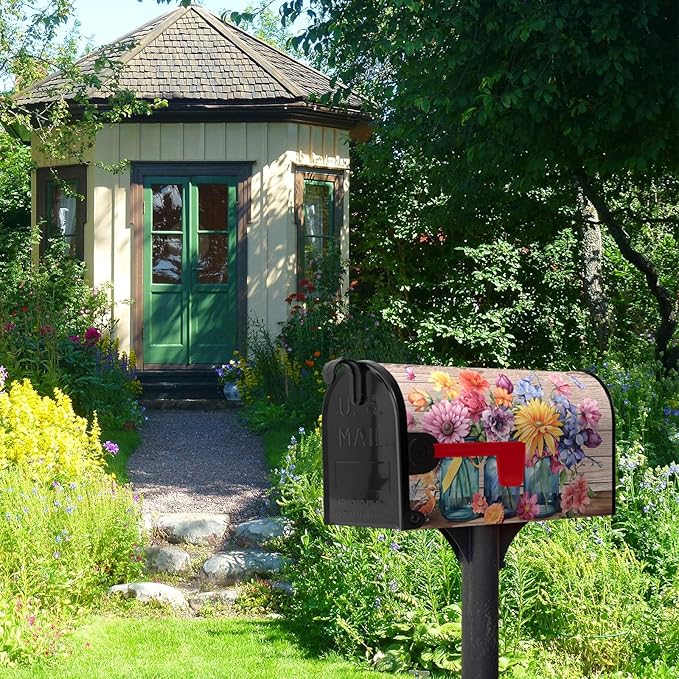 Fall Floral Mailbox Cover Magnetic Oversized Butterfly Daisy Jars Rustic Mailbox Wraps Autumn Colorful Flowers Mail Box Covers Decals Letter Post Box Outdoor Decor Large Size 25.5 X 21 Inch