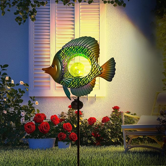 HONGLAND Solar Outdoor Lights -Metal Fish Decorative Stake- Garden Colorful LED Solar Path Lights for Lawn Path Yard Decoration Gift Idea