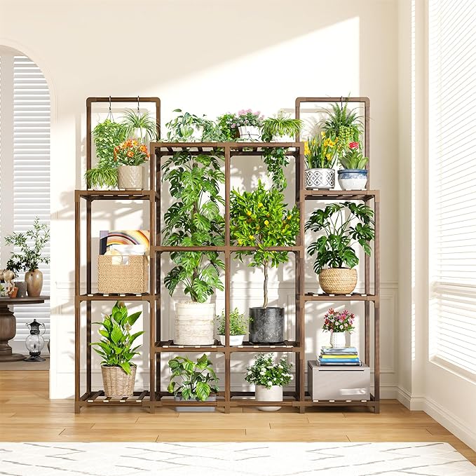 EnHomee Plant Stand Indoor Tall Plant Stand Outdoor Large Wood Plant Shelf Indoor for 14 Pots Plants,4-tiers Plant Holder for Patio Living Room Gardening Balcony 44.8" Wx47.2 Hx11.78 D