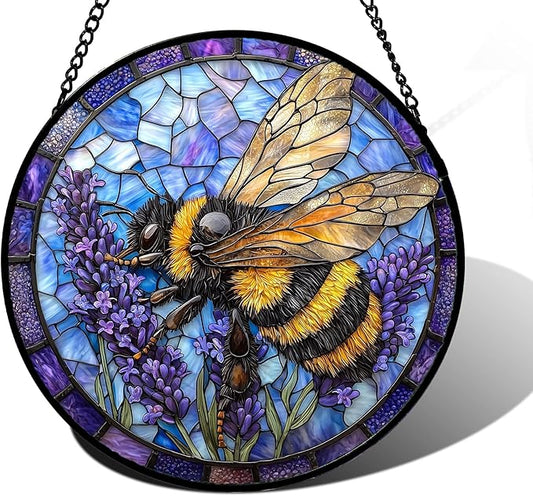 Stained Glass Window Hanging, Bee Lavender Sun Catchers Diamond Glass Panel Hangings Insect Suncatcher Decor for Birthday for Women, Men, Wife, Aunt, and Mom7.8 in