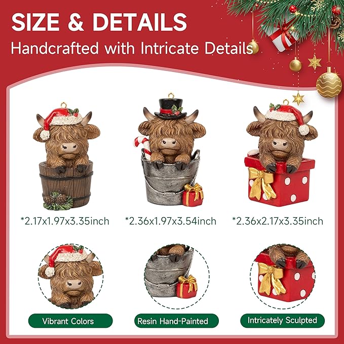 Christmas Highland Cow Figurines Decor, 3 PCS Small Christmas Cows Hidden in Barrel/Bucket/Gift Box, Hanging Ornaments Xmas Resin Statue for Garden Bathroom Kitchen Home Table Decorations