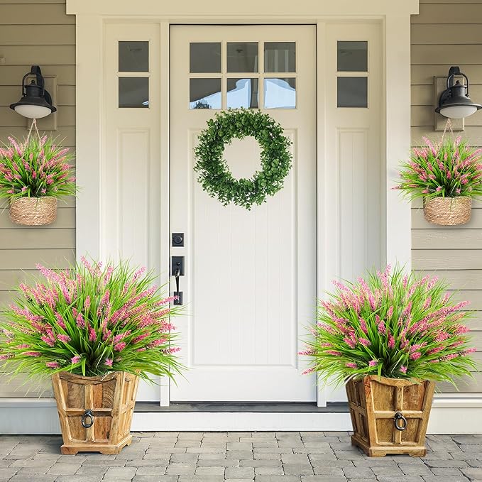 Sggvecsy 12 Bundles Artificial Plants Outdoor Faux Lavender Flowers Fake Monkey Grass UV Resistant Plastic Greenery Plants for Garden Home Porch Window Patio Hanging Planter Indoor Decor(Pink)