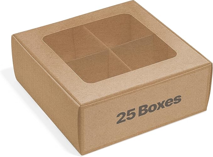 25 pcs Kraft Mini Cookie Boxes for 4 treats with Window and Dividers, Kraft Bakery Boxes, 6 x 6 x 2.4 Inches SMALL Baking Boxes, Square Cookies Box Decorating Supplies for Gift Giving