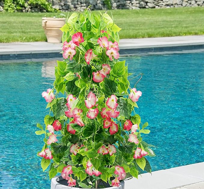 FERIAL Artificial Vines Rosered Morning Glory Vine Artificial Flowers Hanging Plants Garland Fake Green Plant for Wall Fence Indoor Wedding Banquet Decor