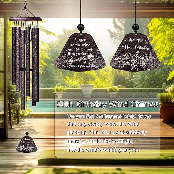 50th Birthday Gifts for Her Him, 50th Birthday Decorations 32” Wind Chimes Outside, 50 Year Old Gifts for Women Men, 1975 Bday Gift for Woman Man